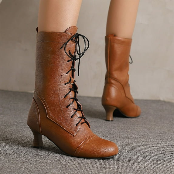 PiGOGI Women's Mid Calf Boots, Lace Up Flat Boots for Women, Round Toe Vintage Style Winter Boots Yellow 43