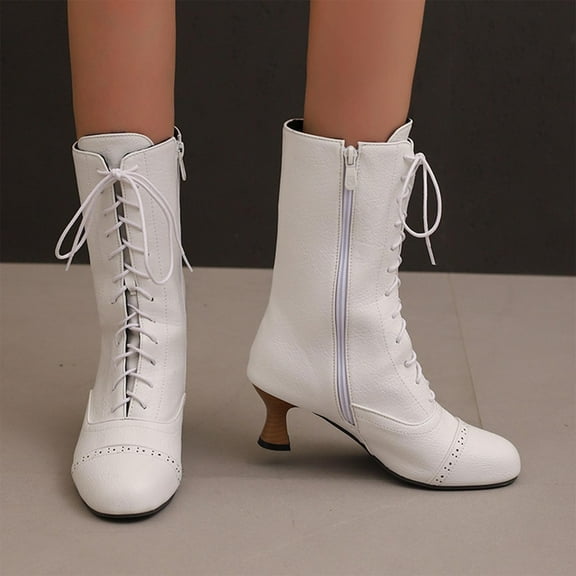 PiGOGI Women's Mid Calf Boots, Vintage Style Lace Up Boots for Women, Round Toe Heeled Winter Boots White 36