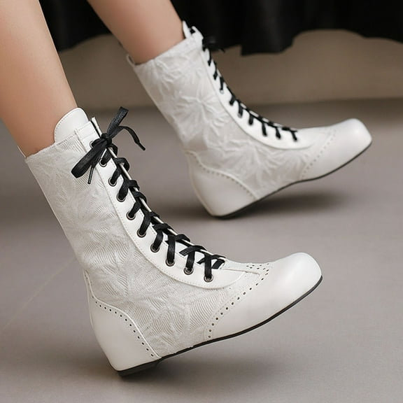 PiGOGI Women's Mid Calf Boots for Women Round Toe Lace Up Flat Sole Winter Casual Comfortable Fashion Boots White 43