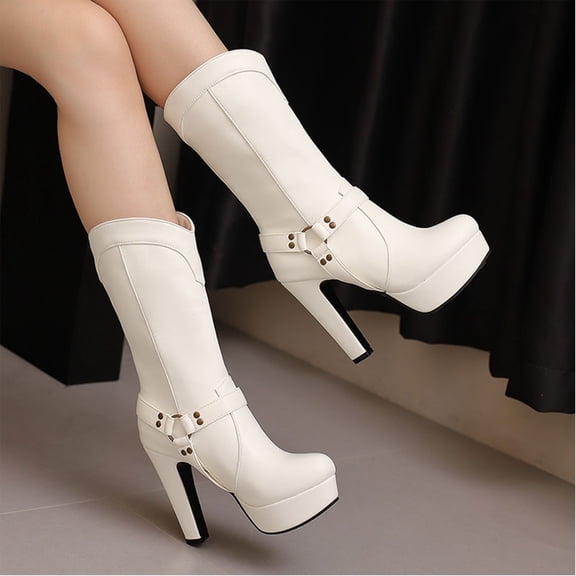 PiGOGI Women's Mid Calf Boots for Women Western Style Belt Buckle High Heel Winter Casual Fashion Comfortable Boots White 38