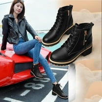PiGOGI Women's Motorcycle Boots Thick Velvet Warm Short Tube Side Zipper Round Toe Chunky Sole Boots for Women Black 40
