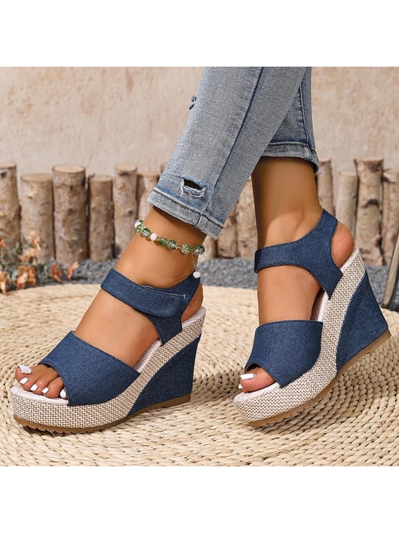 Women's Non Slip Denim Wedge Sandals Peep Toe Plus Size Spring Summer Trendy Comfortable Casual Beach Shoes Blue 42