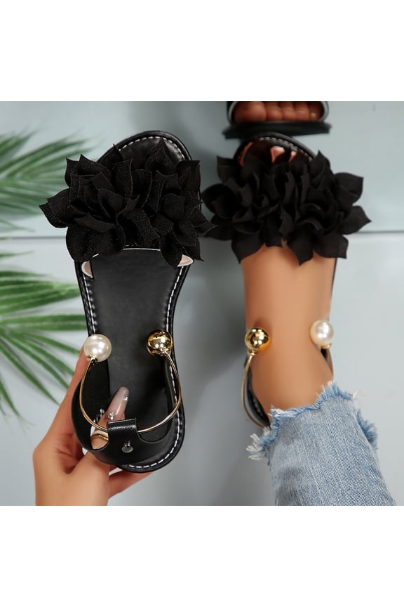 Women's Non Slip Flat Sandals Flower Decoration Bowknot Open Toe Round Toe Pearl Ankle Chain Casual Summer Black 43