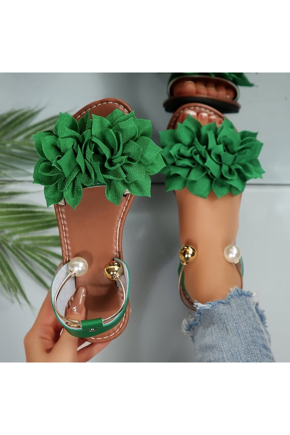 Women's Non Slip Flat Sandals Flower Decoration Bowknot Open Toe Round Toe Pearl Ankle Chain Casual Summer Green 38