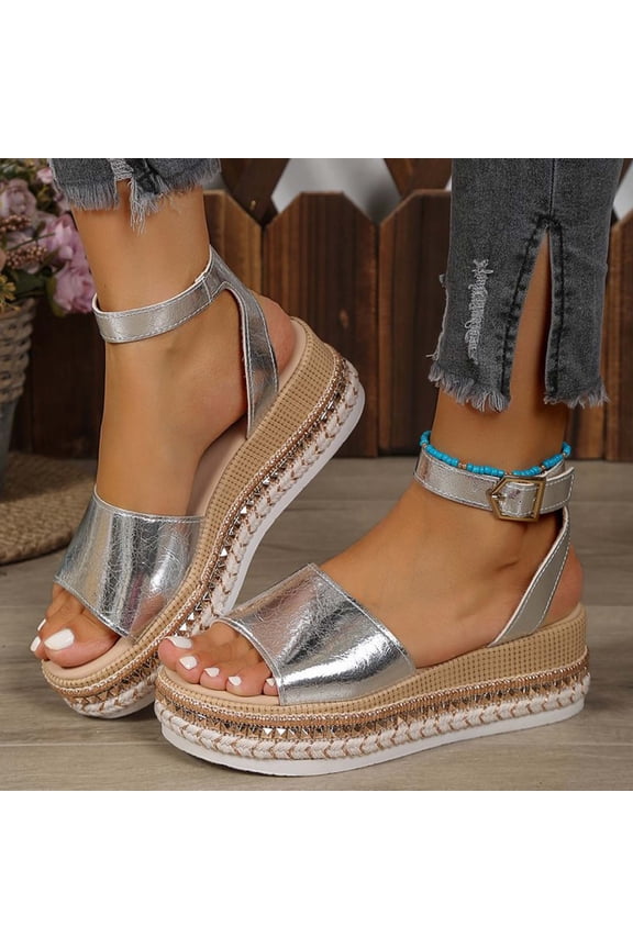 Women's Non Slip Wedge Sandals Metallic Upper Adjustable Ankle Strap Cushioned Insole Plus Size Summer Silver 40
