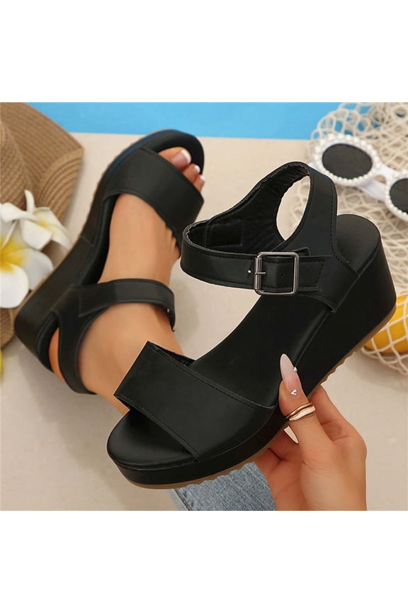 Women's Non Slip Wedge Sandals Open Toe Adjustable Buckle Straps Padded Footbed Thick Sole Plus Size Summer Black 36