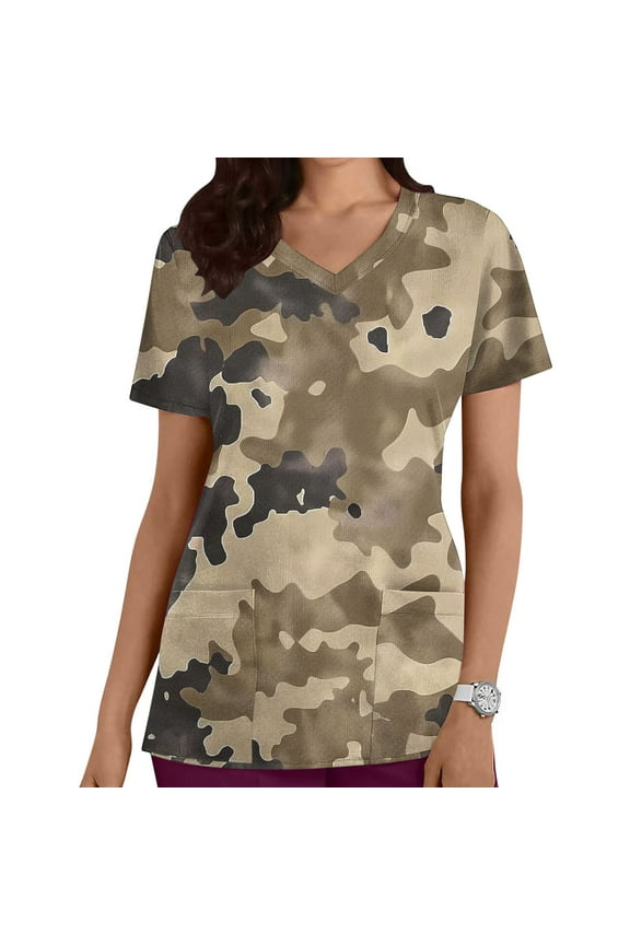 Women's Nursing Uniforms Camouflage Print Short Sleeve Pocket Workwear Top Healthcare Professional Army Green L