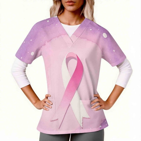 PiGOGI Women's Nursing Uniforms Comfortable Short Sleeve V-Neck Bow Ribbon Print Pocket Scrub Blouse Pink 2XL