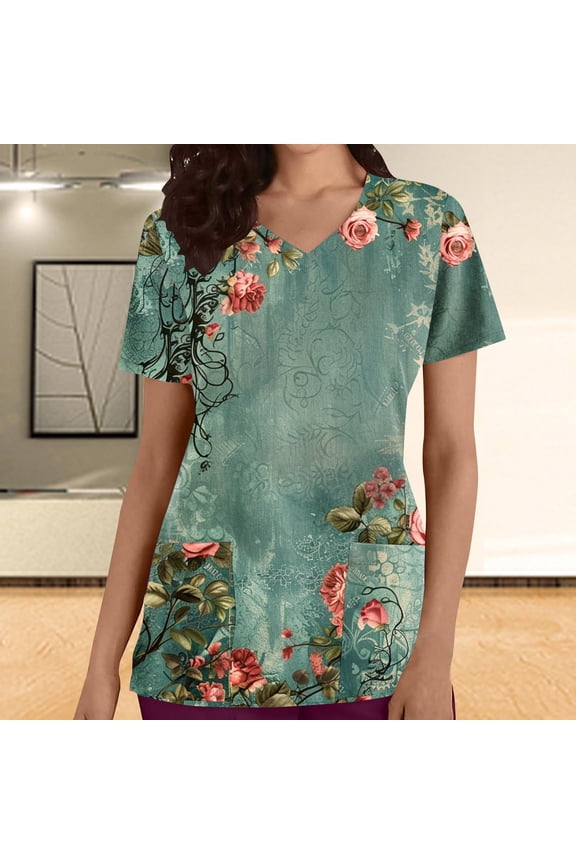 Women's Nursing Uniforms Short Sleeve V-Neck Printed Pocket Top Healthcare Workwear Casual Multicolor M
