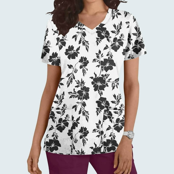 PiGOGI Women's Nursing Uniforms V-Neck Short Sleeve Printed Pocket Work Tops Healthcare Workwear Black XL