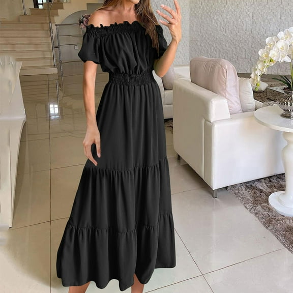 PiGOGI Women's One Shoulder Dress Short Sleeve Elastic Waist Solid Color Summer Casual Dress Black S