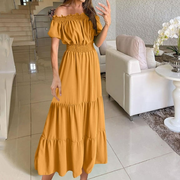 PiGOGI Women's One Shoulder Dress Short Sleeve Elastic Waist Solid Color Summer Casual Dress Yellow L