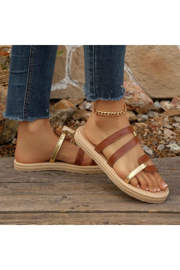 Women's One Strap Slide Sandals Layered Webbing Non-Slip Comfortable Open Toe Beach Slippers Summer Plus Size Brown 7