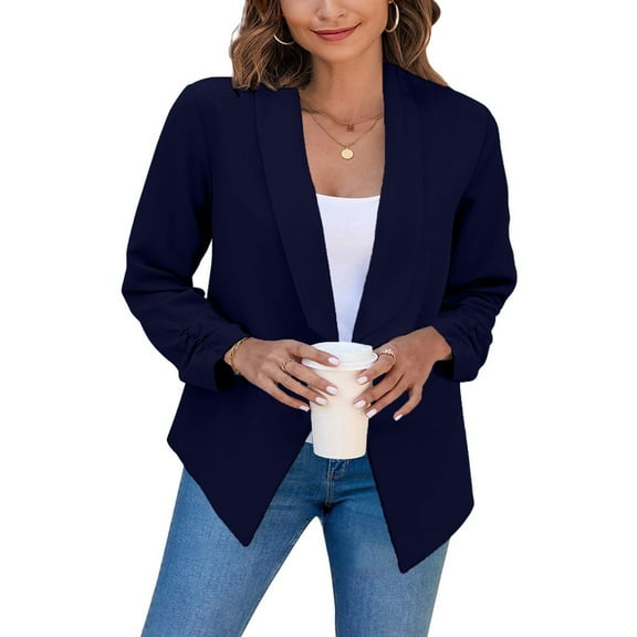 PiGOGI Women's Open Front Cardigan Fitted Casual office Cropped Blazer Coat Long Sleeve Work Jacket for Business Professional Navy S