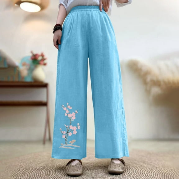PiGOGI Women's Oversized Linen Embroidered Pants - Wide Leg Loose Casual Summer Lounge Pants Light Blue XL