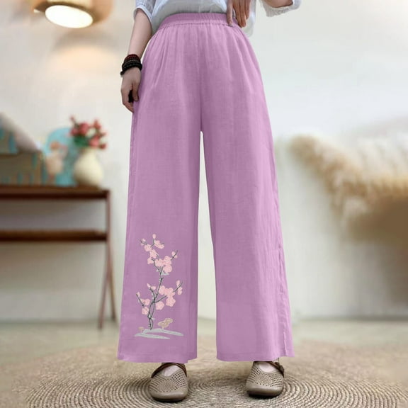 PiGOGI Women's Oversized Linen Embroidered Pants - Wide Leg Loose Casual Summer Lounge Pants Purple XL
