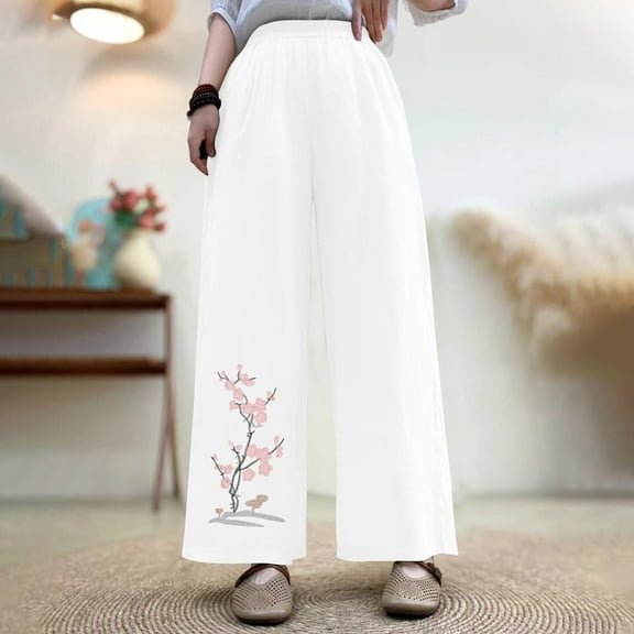 PiGOGI Women's Oversized Linen Embroidered Pants - Wide Leg Loose Casual Summer Lounge Pants White XL