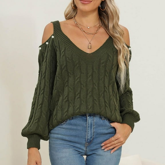 PiGOGI Women's Oversized Neck Pullover Sweater Sexy off Shoulder Long Sleeve Loose Knit Top Army Green M