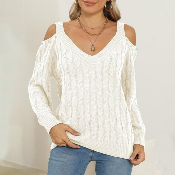 PiGOGI Women's Oversized Neck Pullover Sweater Sexy off Shoulder Long Sleeve Loose Knit Top White L
