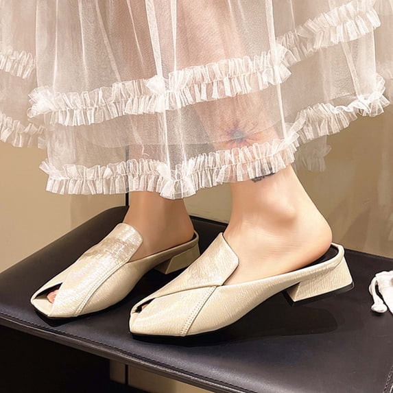 PiGOGI Women's Peep Toe Mules Cut Out Low Heel Non-Slip Comfortable Slide Sandals Summer White 5.5
