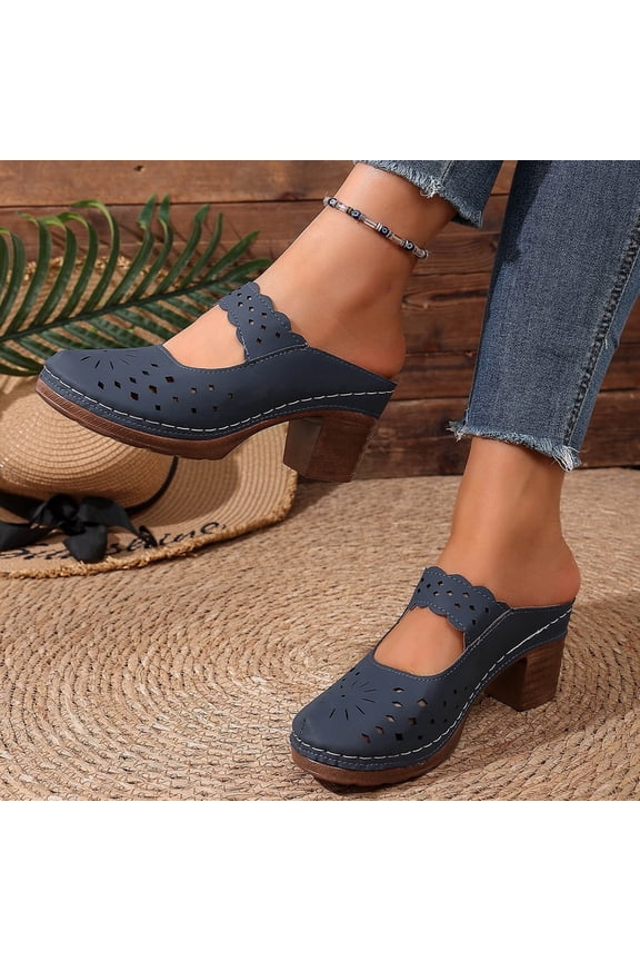 Women's Perforated Mules Round Toe Block Heel Non-Slip Comfortable Slide Sandals Summer Navy 6
