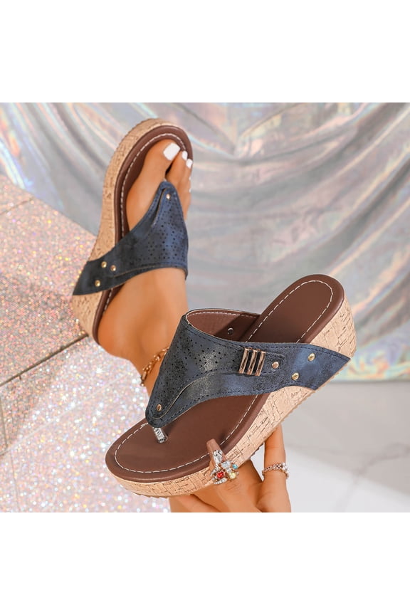 Women's Perforated Wedge Thong Sandals Cork Sole Flip Flops with Adjustable Strap for Beach Wear Blue 7