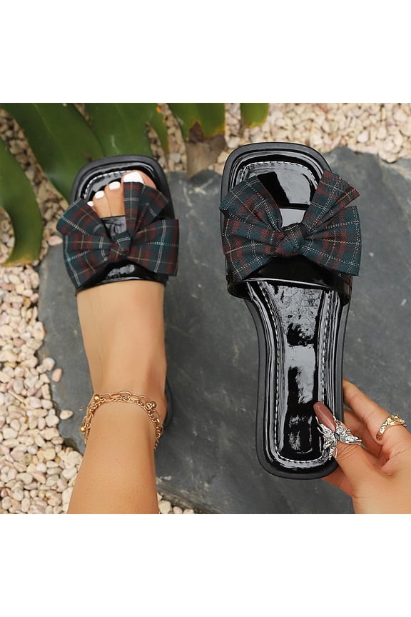 Women's Plaid Bow Slide Sandals Flat Non-Slip Comfortable Summer Slippers Green 9.5