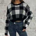 thumbnail image 1 of PiGOGI Women's Plaid Cropped Knit Sweater High Waist Long Sleeve Casual Fall Winter Fashion Tops Soft Comfortable Black L, 1 of 3