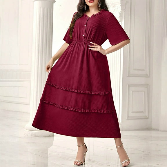 PiGOGI Women's Plus Size Solid Color Round Neck Short Sleeve Lace Waist Dress Wine