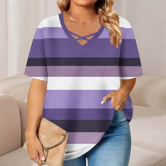 PiGOGI Women's Plus Size Top V Neck Striped Print Oversized Short Sleeve Blouse Casual Loose Tunic Summer Spring Comfortable Purple 4XL