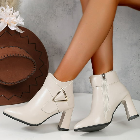 PiGOGI Women's Pointed Toe Ankle Boots for Women British Style Winter Casual Side Zipper Chunky Heel White 42