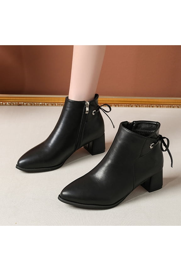 Women's Pointed Toe Ankle Boots for Women Mid Heel Decorative Bow Back Faux Leather Lace Up Casual Winter Shoes Black 40