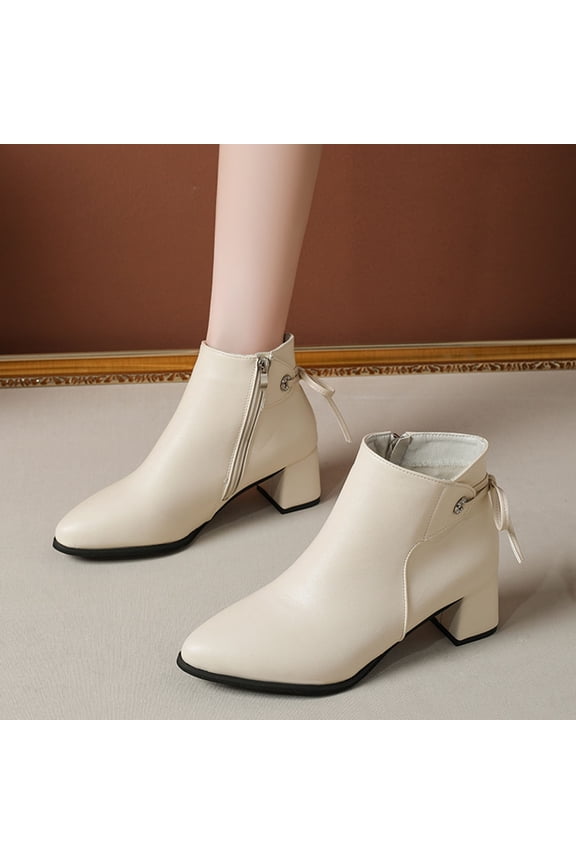 Women's Pointed Toe Ankle Boots for Women Mid Heel Decorative Bow Back Faux Leather Lace Up Casual Winter Shoes White 37