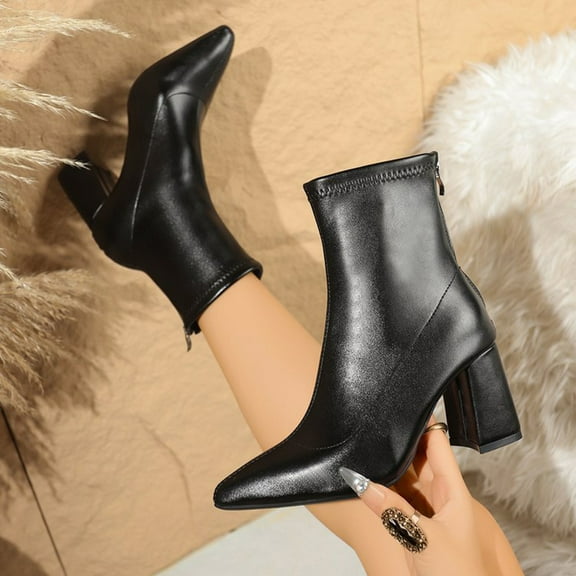 PiGOGI Women's Pointed Toe Boots Thick Heel Zipper Fashion Winter Fall Boots for Women Comfortable Trendy Block Heel Stylish Boots Black 40