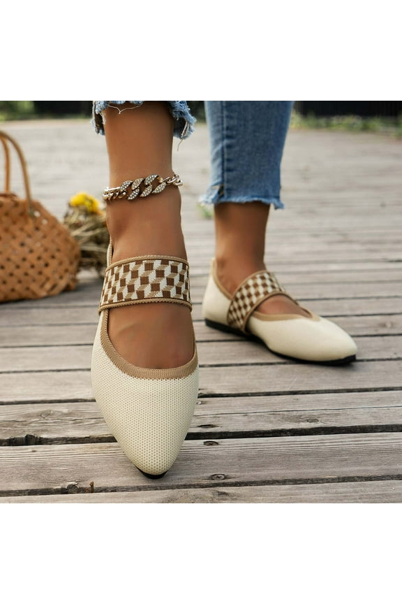 Women's Pointed Toe Loafers - Woven Spring Summer Shoes - Casual Comfortable Breathable Flat-Soled Shoes with Plaid Buckle Beige
