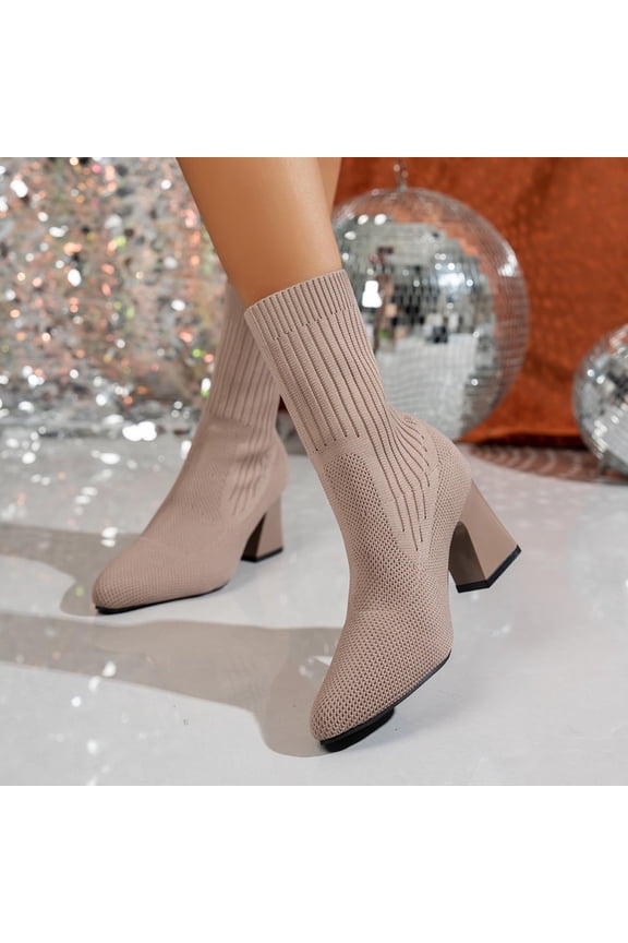 Women's Pointed Toe Mid Calf Boots Flying Knit High Heel Leisure Comfortable for Daily Khaki 9.5