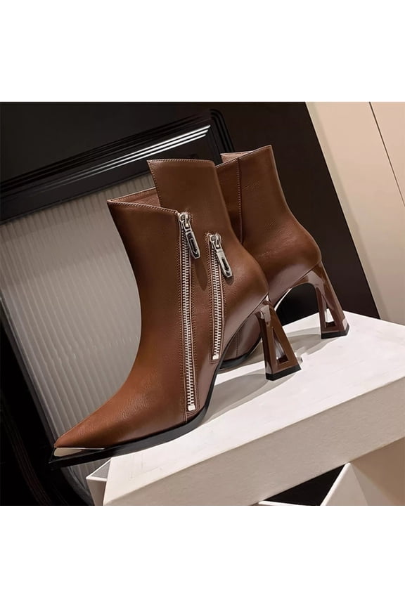 Women's Pointed Toe Short Boots French Slim Heel Hollow Out High Heels Fashionable Casual Boots for Women Brown 39