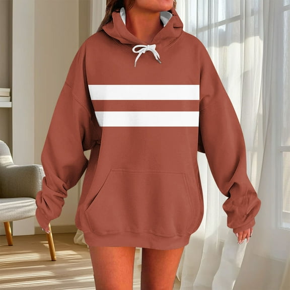 PiGOGI Women's Polka Print Hooded Sweatshirt Long Sleeve Pocket Pullover Top Casual Loose Fit Blouse for Spring Winter Khaki XXL