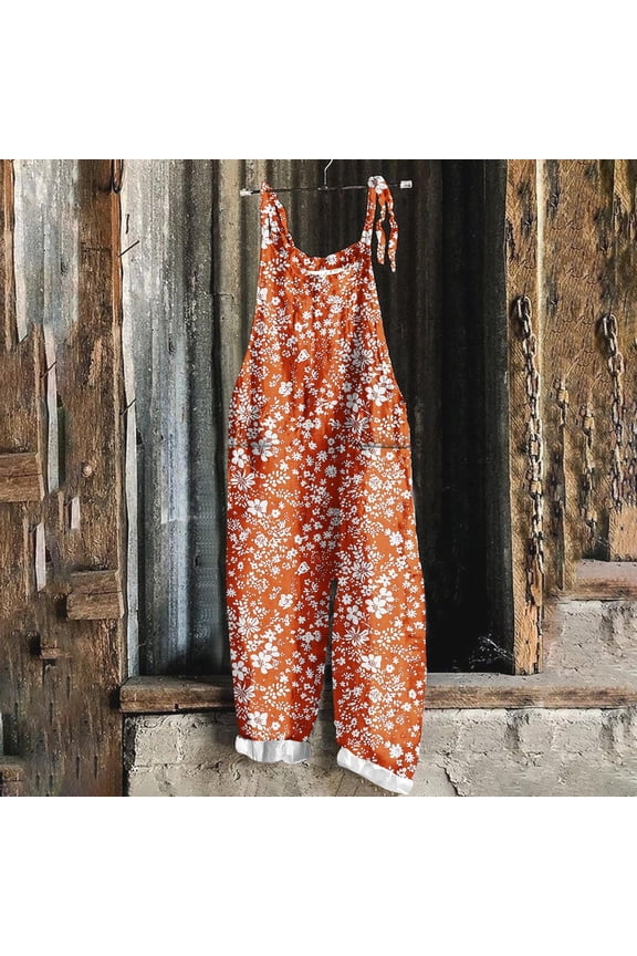Women's Printed Jumpsuit - Sleeveless Two-Pocket Bib Overalls, Casual Comfortable Romper for Daily Wear & Vacation Orange M