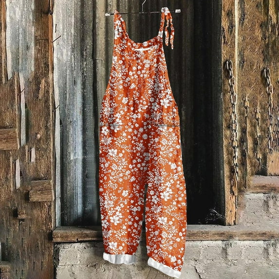 PiGOGI Women's Printed Jumpsuit - Sleeveless Two-Pocket Bib Overalls, Casual Comfortable Romper for Daily Wear & Vacation Orange XL