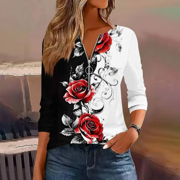 PiGOGI Women's Printed Round Neck Long Sleeve T-Shirt Blouse Zipper Top Casual Loose Fit Comfortable Fashion Tee Black XL