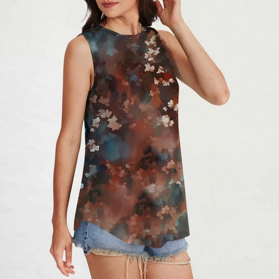 PiGOGI Women's Printed Sleeveless Blouse - Round Neck Casual Summer Tank, Comfortable Fashionable Pullover Top Wine S