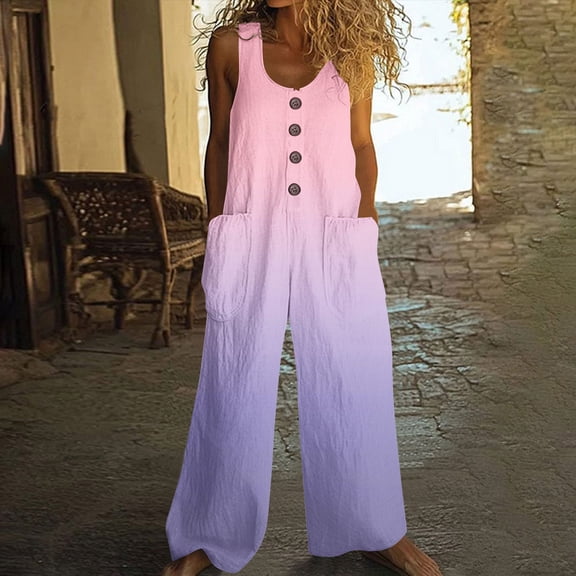 PiGOGI Women's Printed Summer Jumpsuit - Round Neck Sleeveless Button Pocket Casual Romper Pink XL