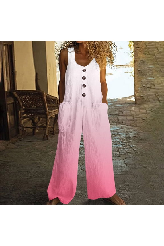 Women's Printed Summer Jumpsuit - Round Neck Sleeveless Button Pocket Casual Romper Watermelon Red XL