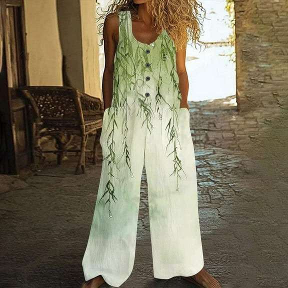 PiGOGI Women's Printed Summer Sleeveless Jumpsuit - Casual Round Neck Button Pocket Romper with Wide Leg Green S