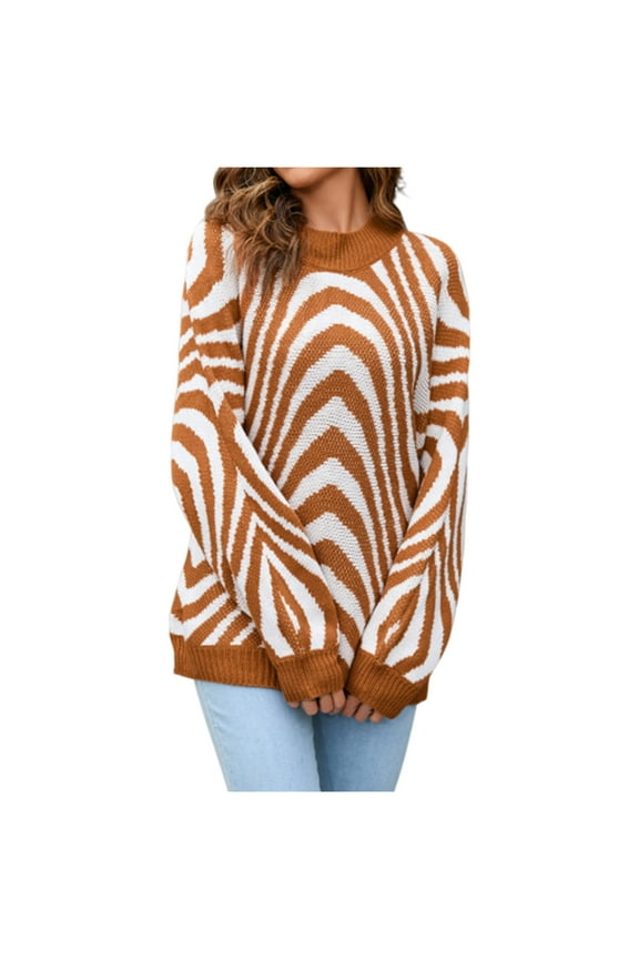 Women's Printed Sweater Top Round Neck Long Sleeve Pullover Casual Comfortable Orange M
