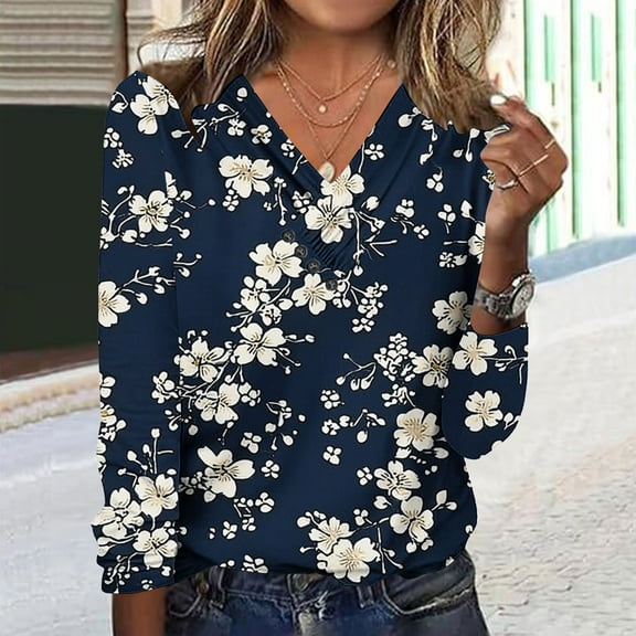PiGOGI Women's Printed V-Neck Long Sleeve Blouse Casual Button Down Top Loose Fit Tunic Shirt for Women Navy M