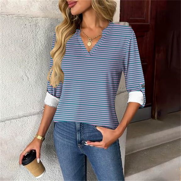 PiGOGI Women's Printed V-Neck Long Sleeve Button Down Blouse Tops for Women Casual Comfortable Loose Fit Shirt Style Dark Blue L