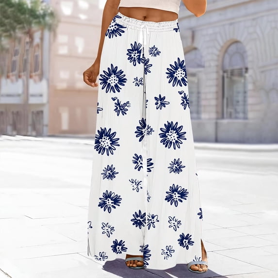 PiGOGI Women's Printed Wide Leg Pants Drawstring Elastic Waist with Pockets Full Length Casual Long Trousers Beach Summer White 3XL