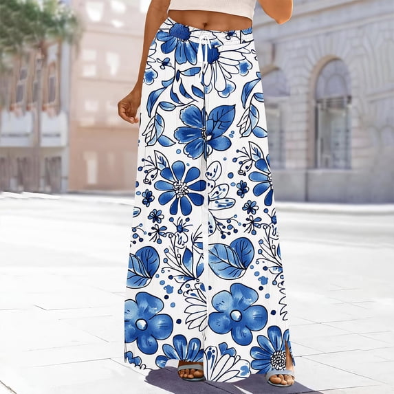 PiGOGI Women's Printed Wide Leg Pants Drawstring Elastic Waist with Pockets Full Length Casual Long Trousers Beach Summer White XL